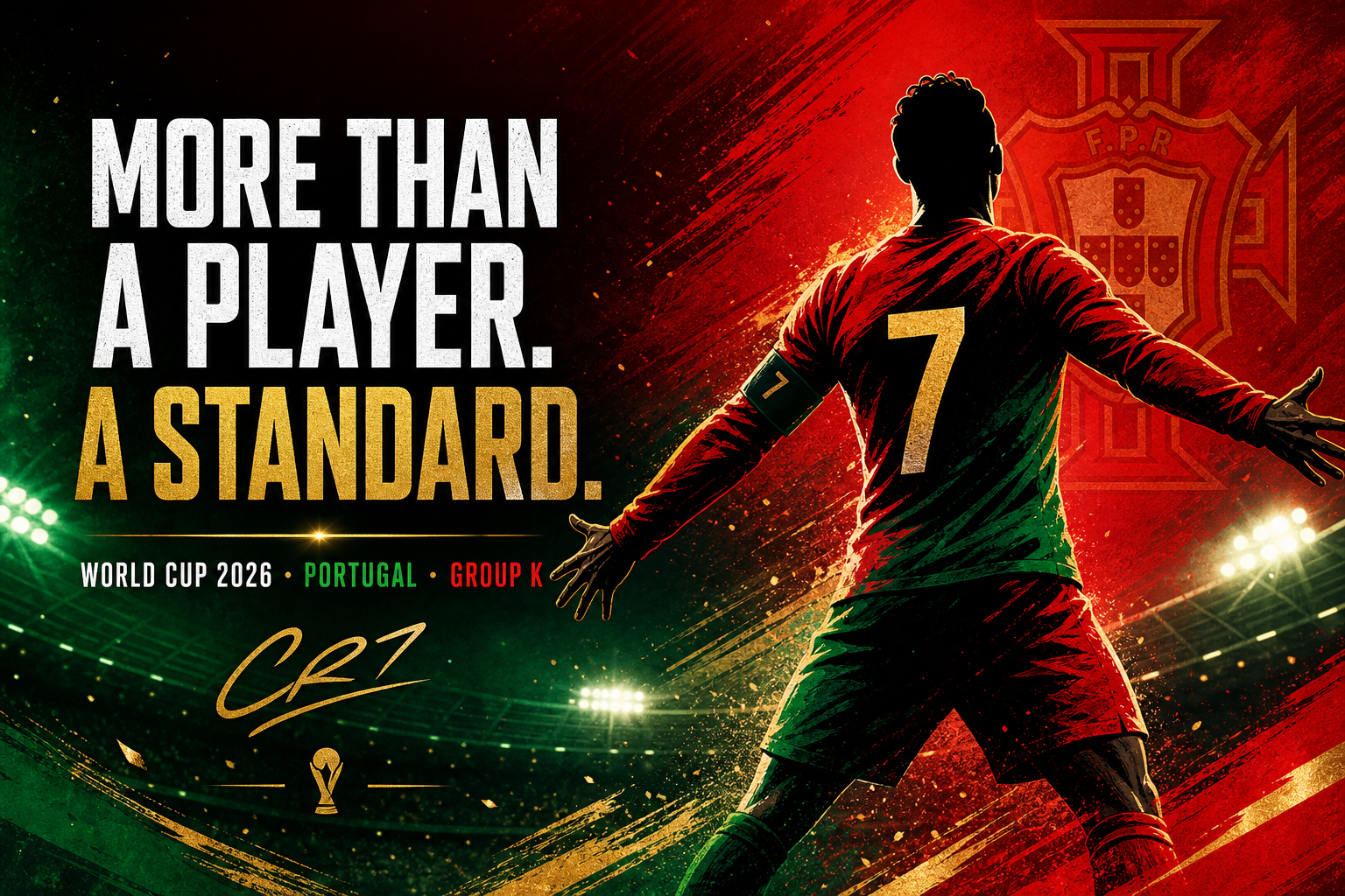 Stylized tribute poster: Cristiano Ronaldo — more than a player, a standard for World Cup 2026